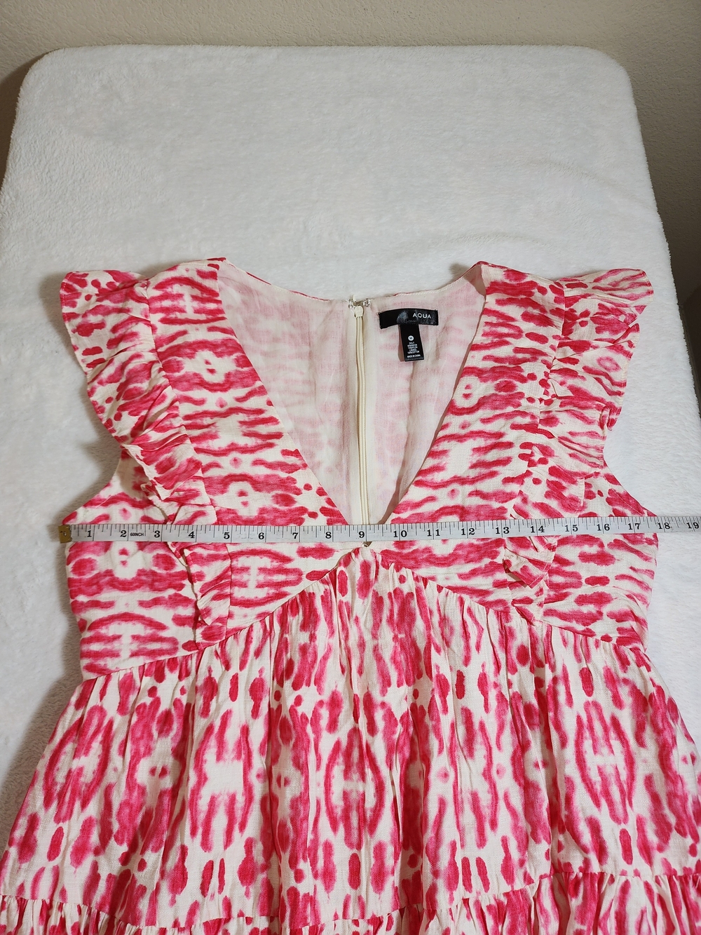 AQUA Pink White Ikat Print Tiered Mini Dress Ruffle Sleeve V-Neck Size M - Picture 6 of 12